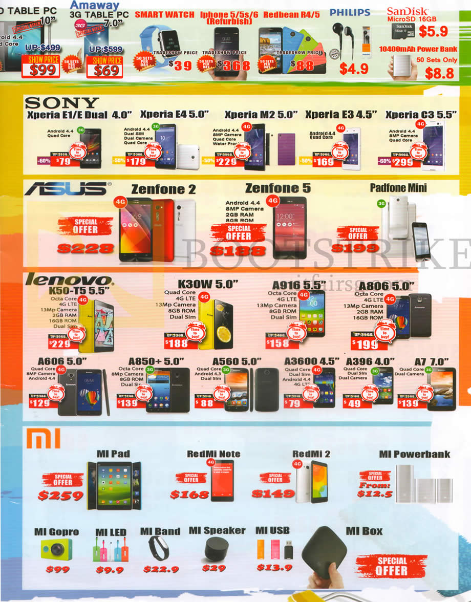 SITEX 2015 price list image brochure of CH2 Mobile Phones Sony, Asus, Lenovo, Mi, Xperia E1, E Dual 4.0, E4 5.0, M2 5.0, E3 4.5, Zenfone 2, 5, Padfone Mini, K50-T5 5.5, K30W 5.0, A916 5.5, A806 5.0, Mi Pad, RedMi Note, Mi Powerbank