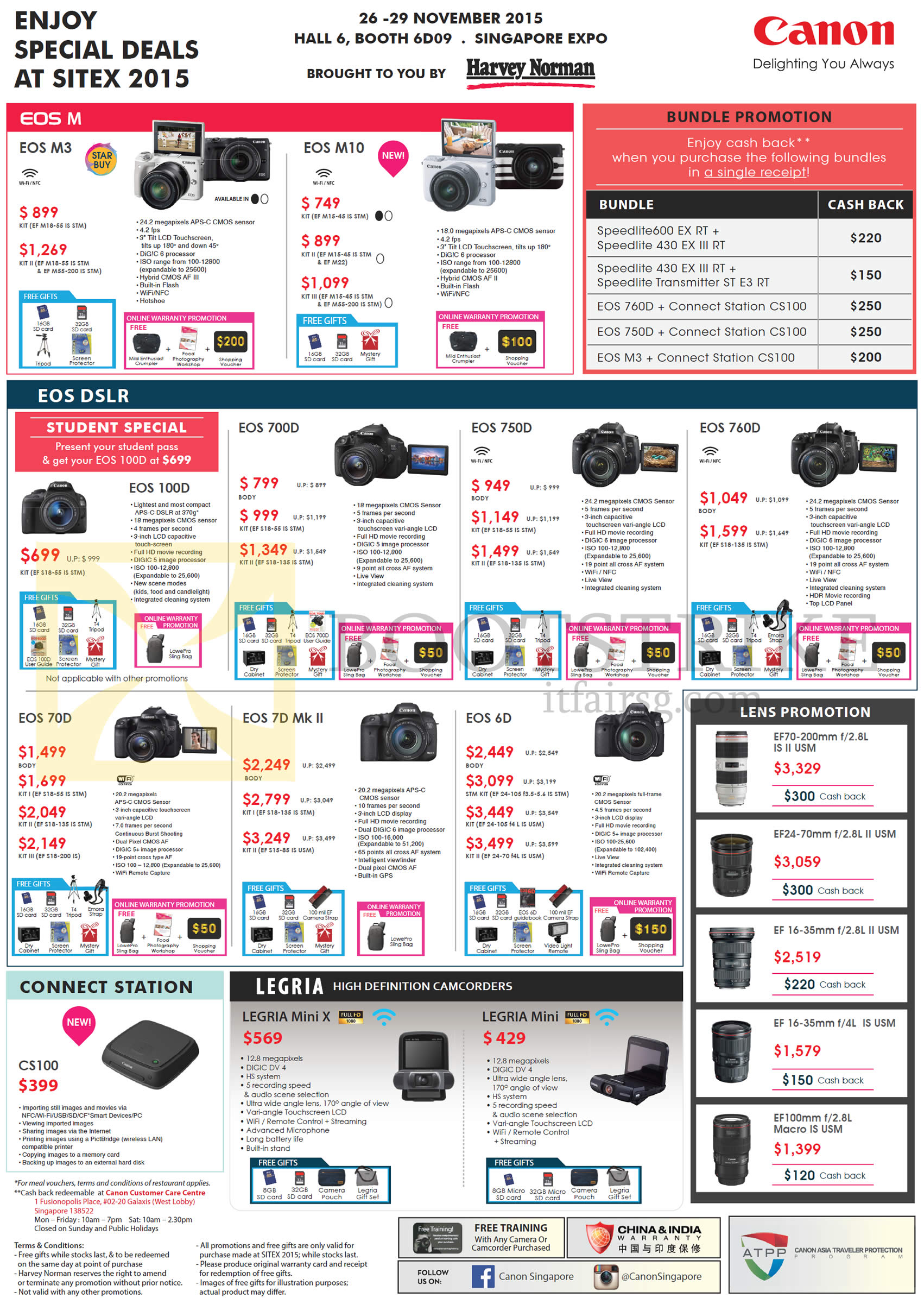 SITEX 2015 price list image brochure of Canon Digital Cameras DSLR, Camcorders, EOS M3, M10, 100D, 700D, 750D, 760D, 70D, 7D Mk II, 6D, Connect Station, CS100, Legria, Mini X, LENS