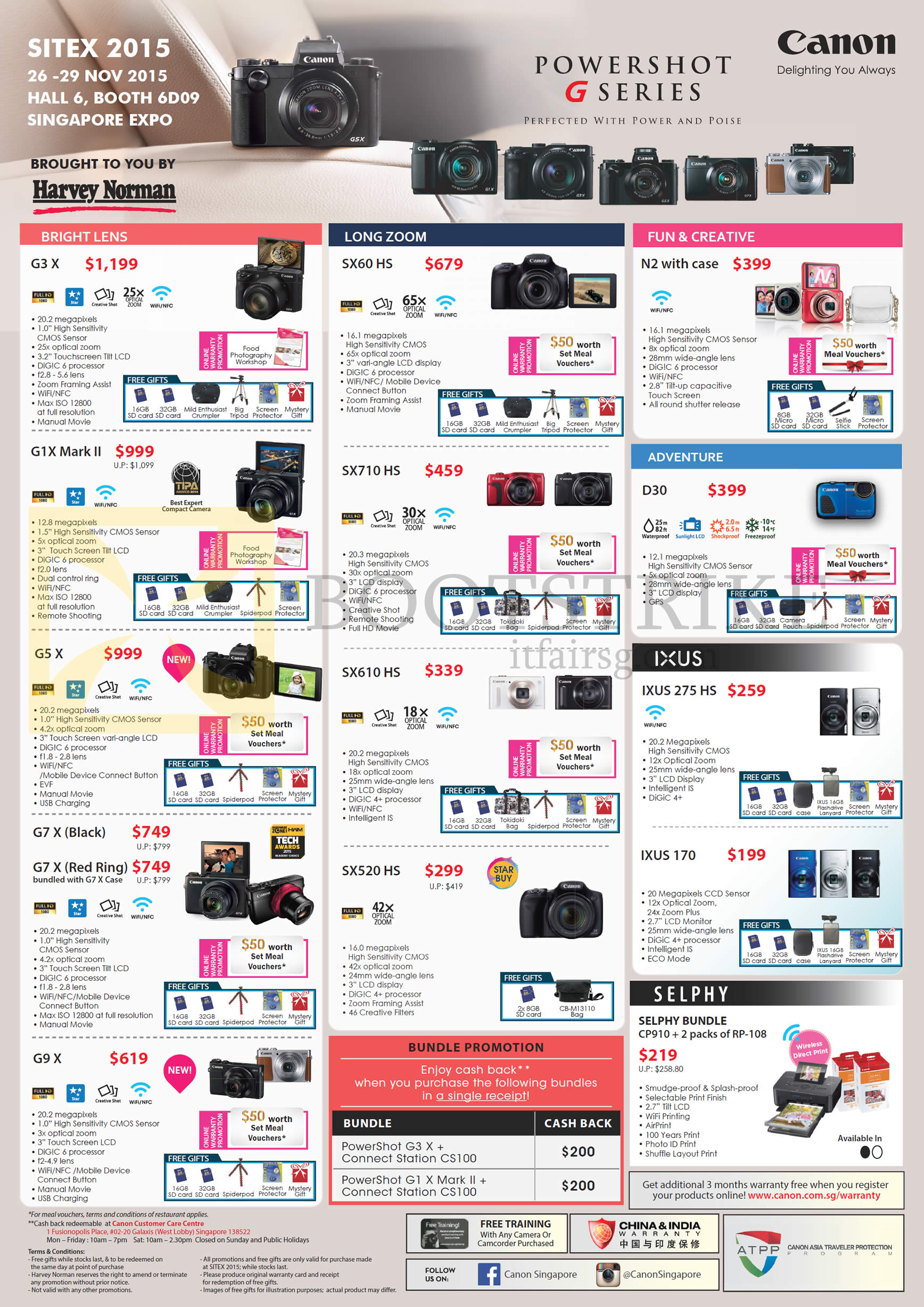 SITEX 2015 price list image brochure of Canon Digital Cameras, G3 X, G1X Mark II, G5 X, G7 X, G9 X, Long Zoom, SX60 HS, SX710 HS, SX610 HS, SX520 HS, N2, D30, IXUS 275 HS, 170, Selphy Bundle