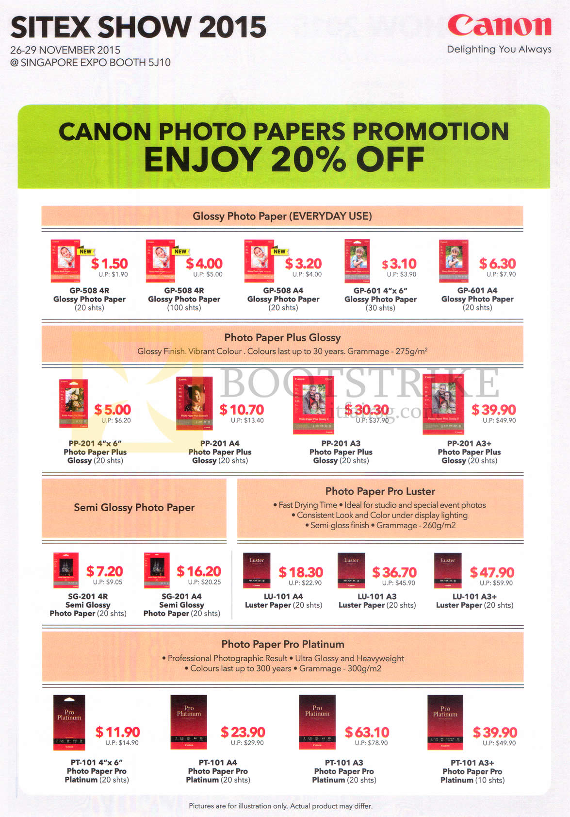 SITEX 2015 price list image brochure of Canon Photo Papers Promotion 20 Percent Off, Glossy, Semi Glossy Photo Paper, Photo Paper Pro Luster, Pro Platinum