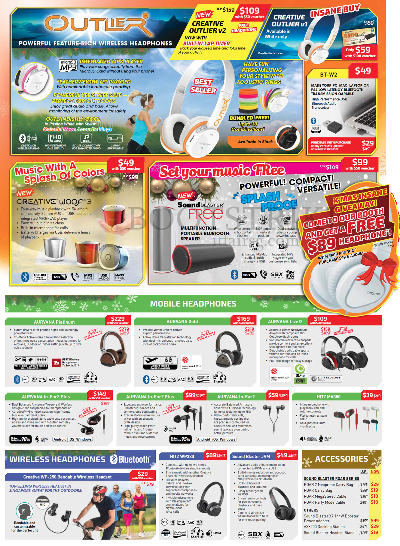 SITEX 2015 price list image brochure of Creative Headphones, Bluetooth Speakers, Accessories, Outlier V1, Woof 3, Sound Blaster Free, Aurvana Platinum, Gold, Live 2, In Ear 3 Plus, Hitz MA350