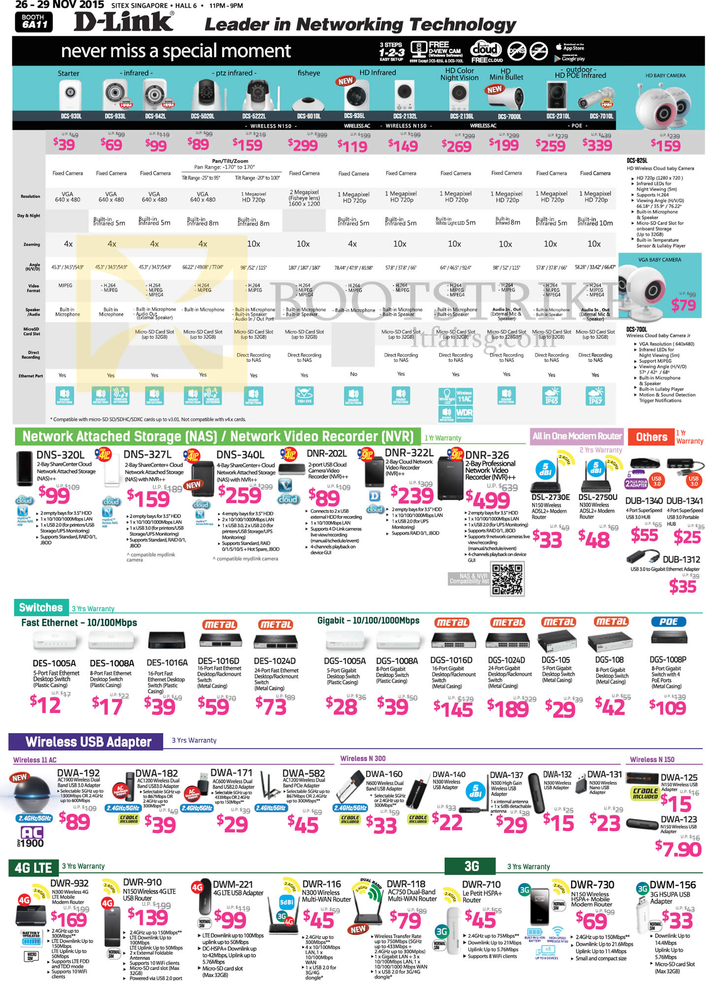 SITEX 2015 price list image brochure of D-Link IP Cameras, NAS, NVR, AIO Modem Router, Switches, Wireless USB Adapter, DNS-320L 327L 202L, DES-1005A 1008A 1016A DGS-1005A 1008A 1016D, DWA-192 182 171