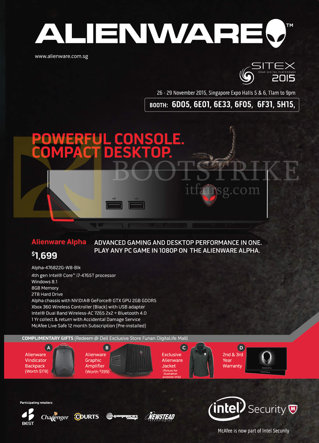 SITEX 2015 price list image brochure of Dell Alienware Alpha-476822G-W8-Blk, Complimentary Gifts, Alienware Vindicator Backpack, Graphic Amplifier, Jacket, 2nd N 3rd Year Warranty