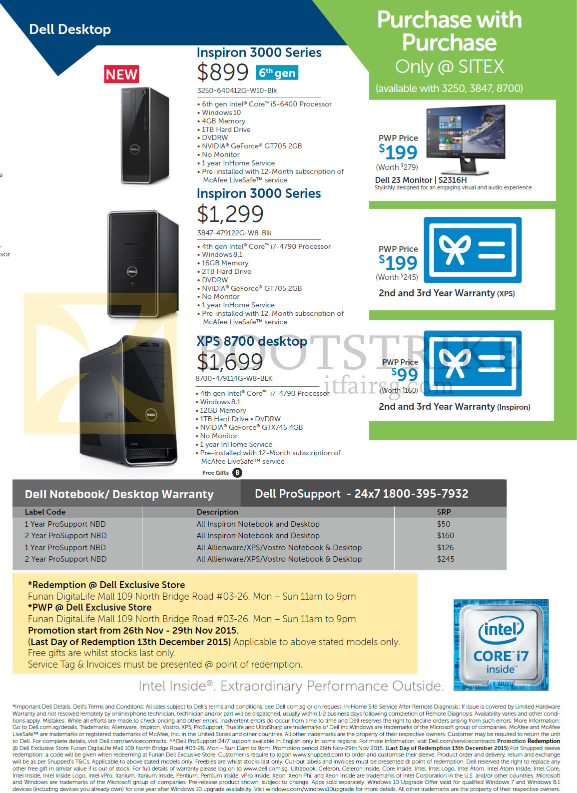 SITEX 2015 price list image brochure of Dell Desktop PCs Inspiron, 3250-640412G-W10-Blk, 3847-479122G-W8-Blk, 8700-479114G-W8-BLK, Purchase With Purchase, 23 Monitor S2316H, 2nd And 3rd Year Warranty