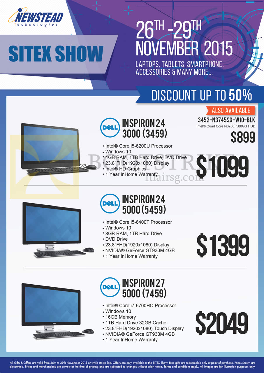 SITEX 2015 price list image brochure of Dell Newstead AIO Desktop PCs Inspiron 24 3000 3459 6200U, 24 5000 5459 6400T, 27 5000 7459 6700HQ