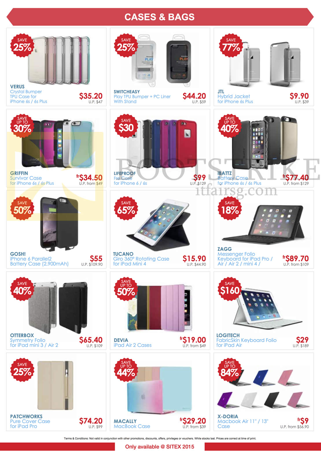 SITEX 2015 price list image brochure of EpiCentre Cases, Bags, Verus, Switcheasy, JTL, Griffin, Lifeproof, Ibattz, Goshi, Tucano, Zagg, Otterbox, Devia, Logitech, Patchworks, Macally, X-Doria