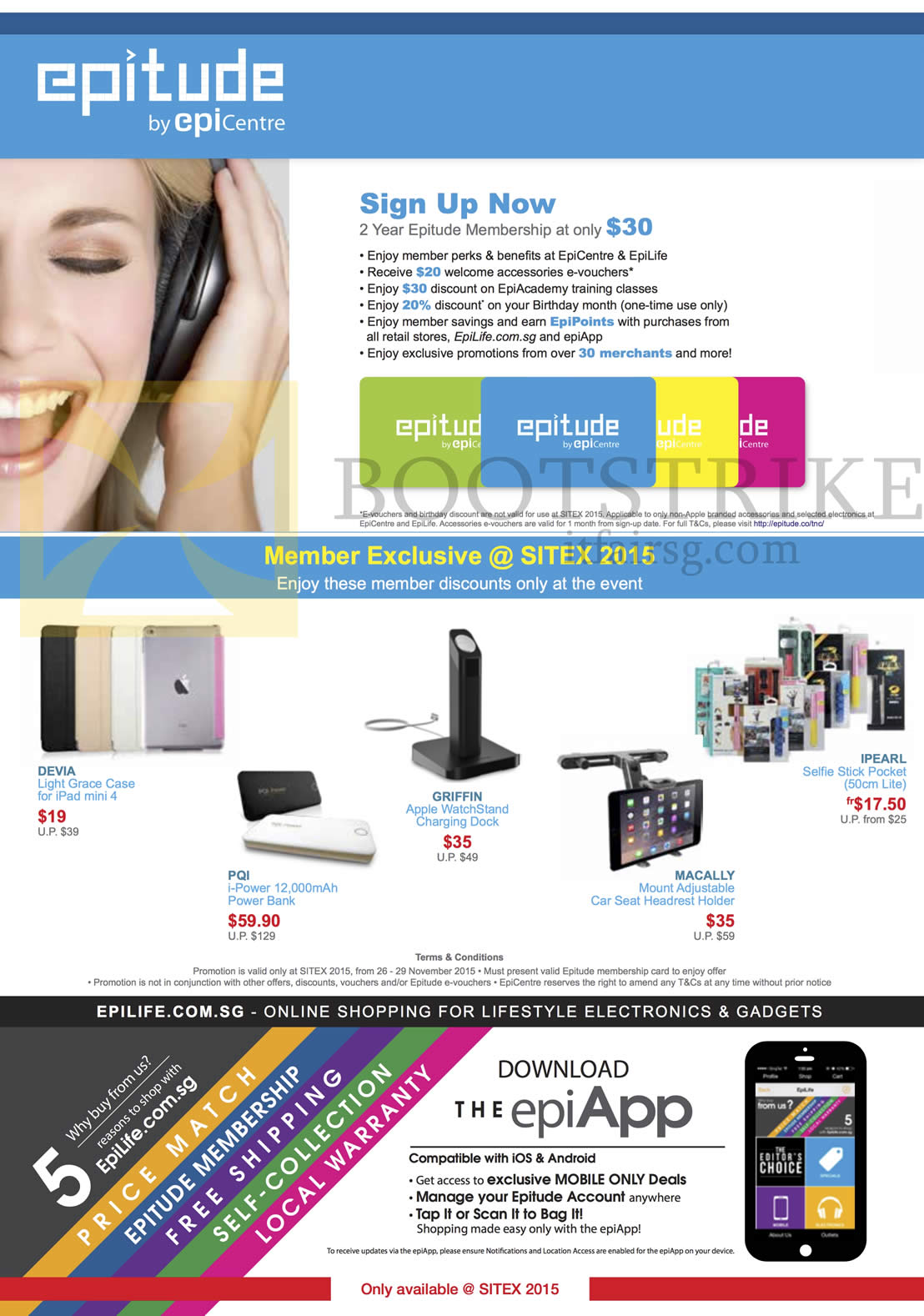 SITEX 2015 price list image brochure of EpiCentre Epitude, EpiApp, Accessories, Devia Case, PQI PowerBank, Griffin Apple Watch Charging Dock, Macally Car Seat Headrest Holder, Ipearl Selfie Stick Pocket