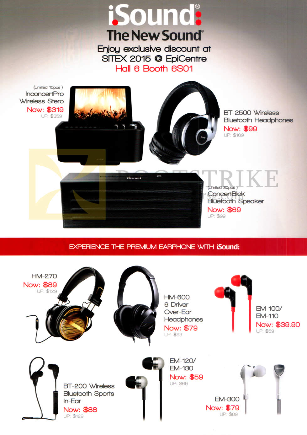 SITEX 2015 price list image brochure of EpiCentre ISound InconcertPro Wireless Stereo, BT2500, ConcertBlok, HM-270, HM-600, EM-100, EM-110, BT-200, EM-120, EM-130, EM-300