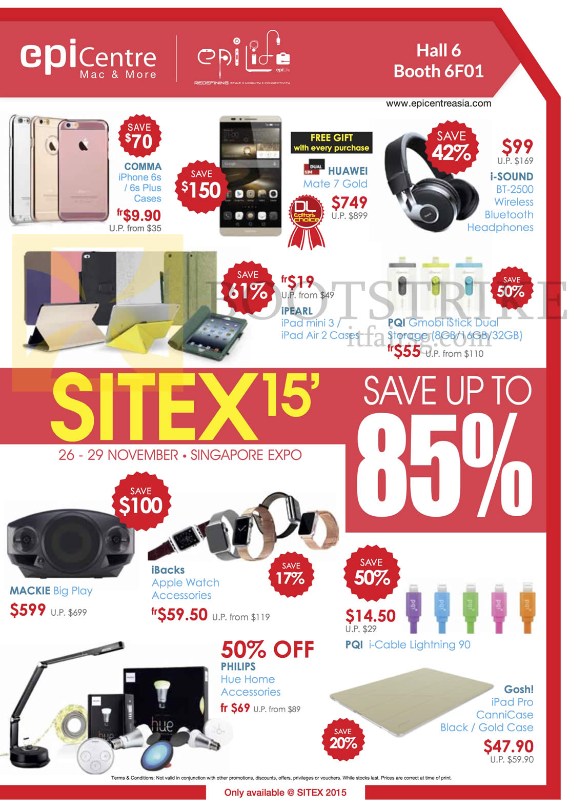 SITEX 2015 price list image brochure of EpiCentre, EpiLife Cases, Bluetooth Headphones, Apple Watch Accessories, Lightning Cable, Home Accessories