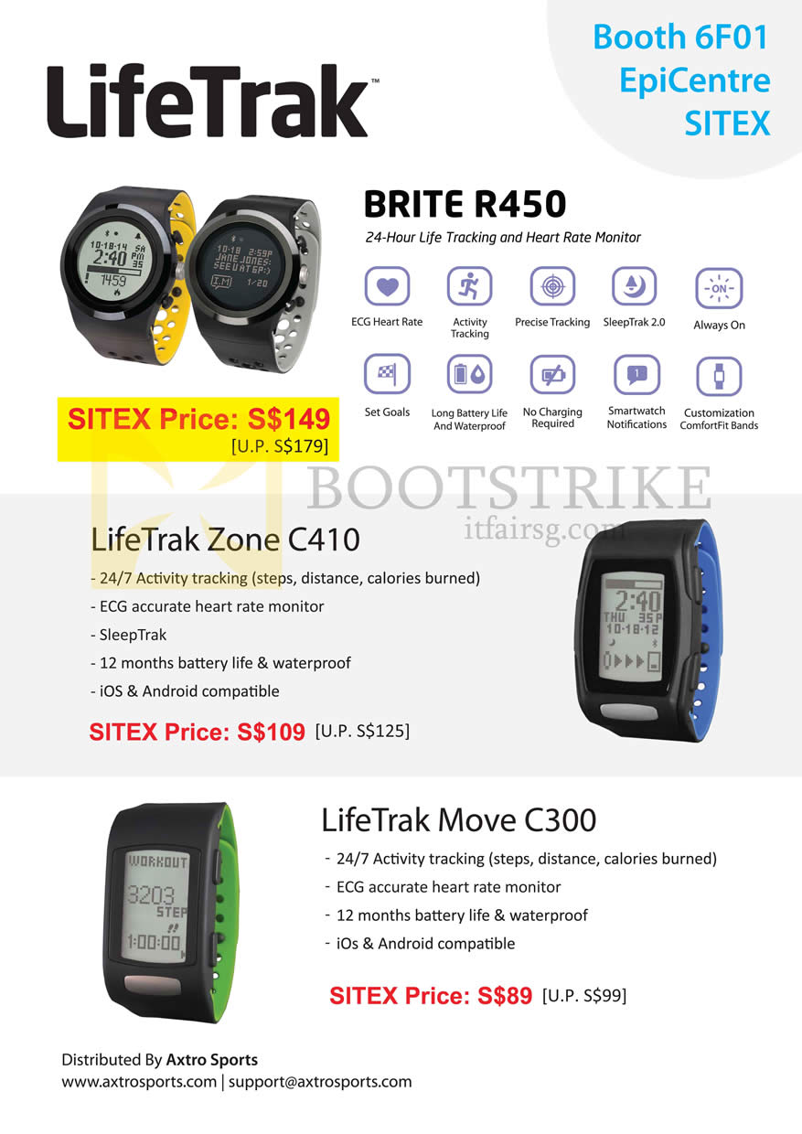 SITEX 2015 price list image brochure of Epicentre LifeTrak Brite R450 Tracking Heart Rate Monitor, Zone C410, Move C300