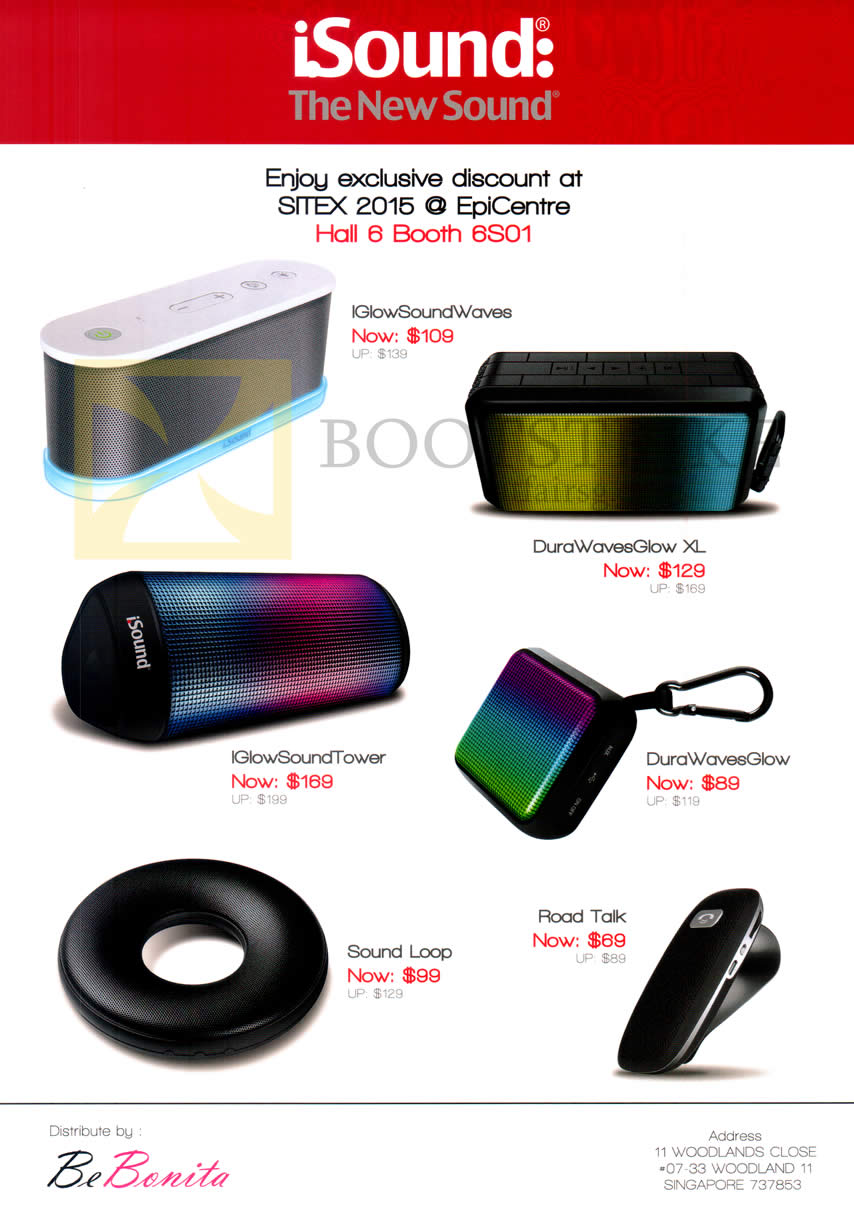 SITEX 2015 price list image brochure of Epicentre ISound Bluetooth Speakers IGlowSoundWaves, DuraWavesGlow XL, IGlowSoundTower, DuraWavesGlow, Sound Loop, Road Talk