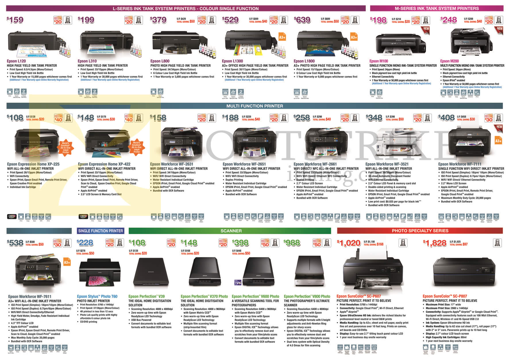 SITEX 2015 price list image brochure of Epson Printers, Scanners, L120, L800, L1300, L1800, Expression Home XP-225 XP-422, Workforce WF-2631, WF-2651, WF-3521, WF-7611, Perfection V39, V370 Photo