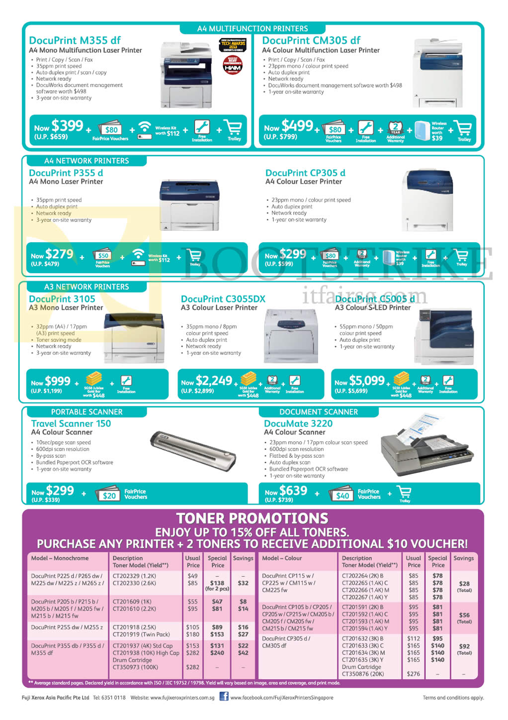 SITEX 2015 price list image brochure of Fuji Xerox Printers, Scanners, DocuPrint M355df, CM305df, P355d, CP305d, 3105, C3055DX, C5005d, Travel Scanner 150, DocuMate 3220, Toner