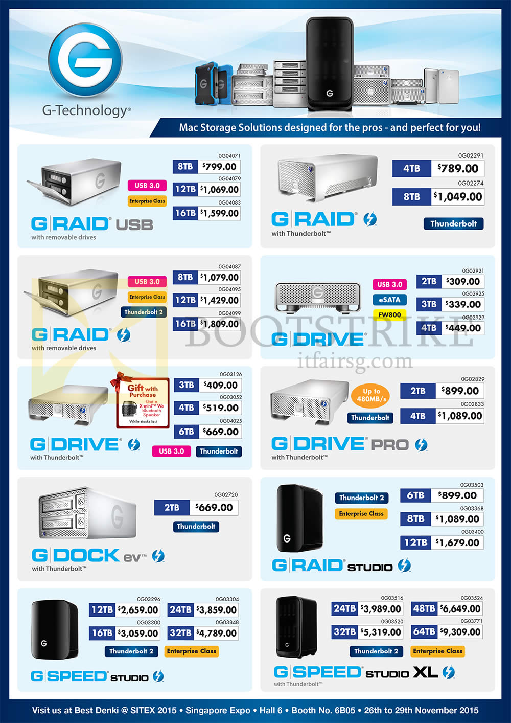 SITEX 2015 price list image brochure of G-Technology Storage Solutions G Raid USB, With Thunderbolt, With Removable Drives, Studio, G Drive, Pro, G Dock Ev, G Raid Studio, G Speed Studio