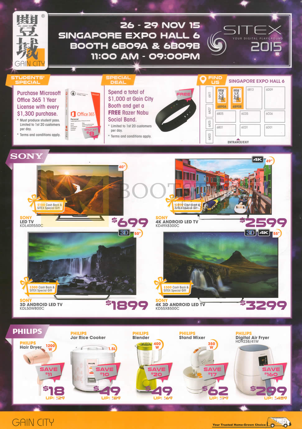 SITEX 2015 price list image brochure of Gain City Sony TVs, KDL-40R550C, KD49X8300C, KDL50W800C, KD55X8500C, Philips Kitchen Appliances Hair Dryer, Jar Rice Cooker, Blender, Stand Mixer, Digital Air Fryer