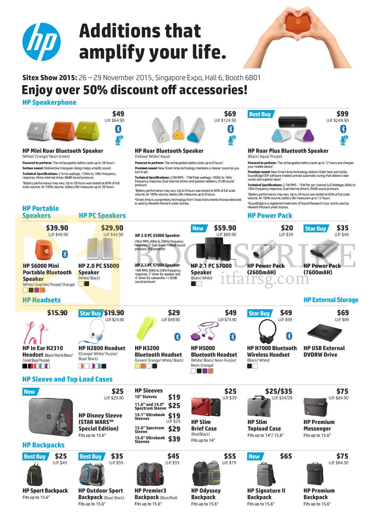 SITEX 2015 price list image brochure of HP Accessories Speakers, Power Pack, External Storage, Headsets, Sleeve N Top Load Cases, Backpacks, Earphones, Bluetooth Speakers