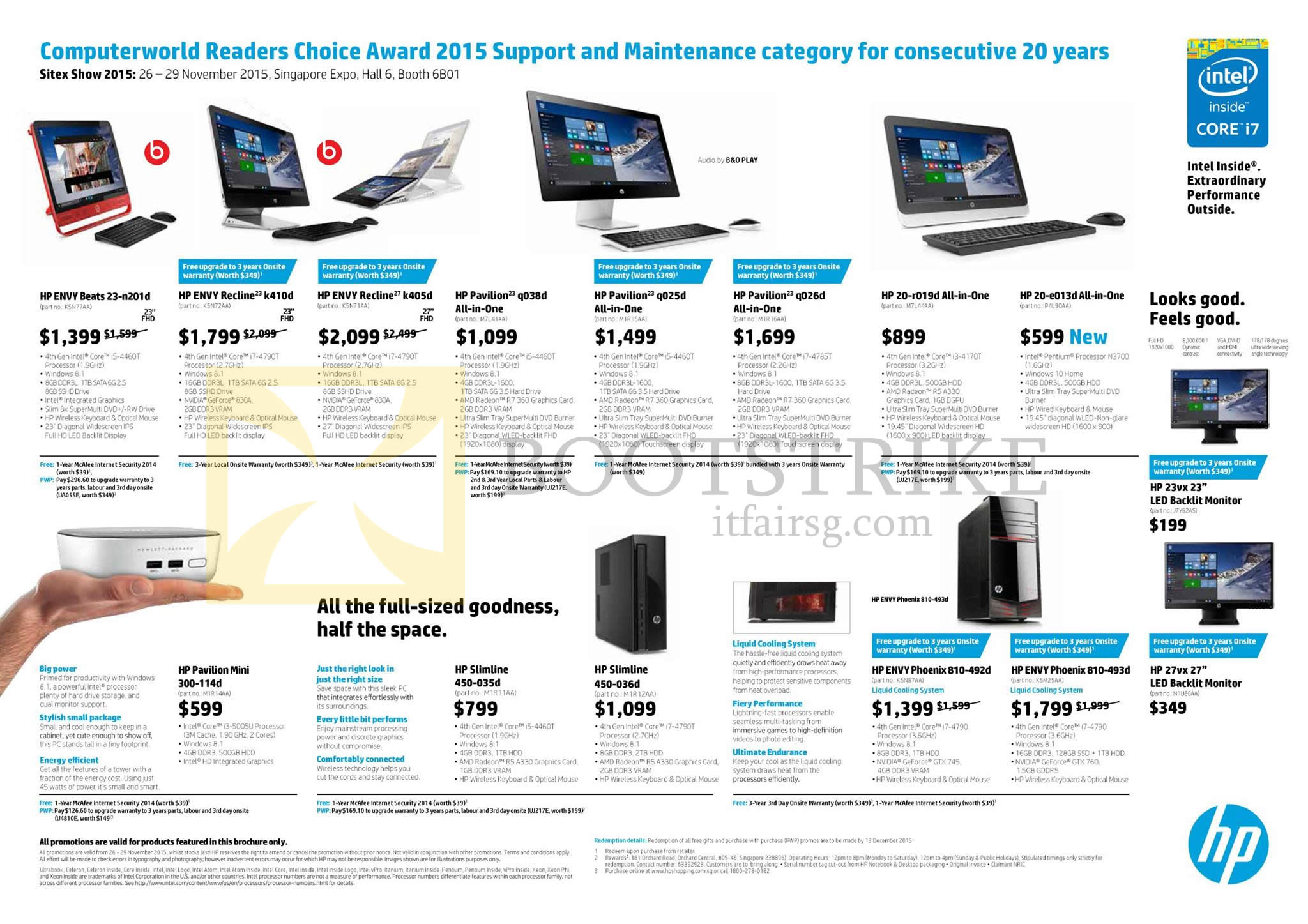 SITEX 2015 price list image brochure of HP Desktop PCs, AIO Desktop PCs, Envy Beats 23-n201d, 23-k410d, 27-k405d, 23-q038d, 23-q025d, Pavilion Mini 300-114d, Slimline 450-035d, Slimline 450-036d