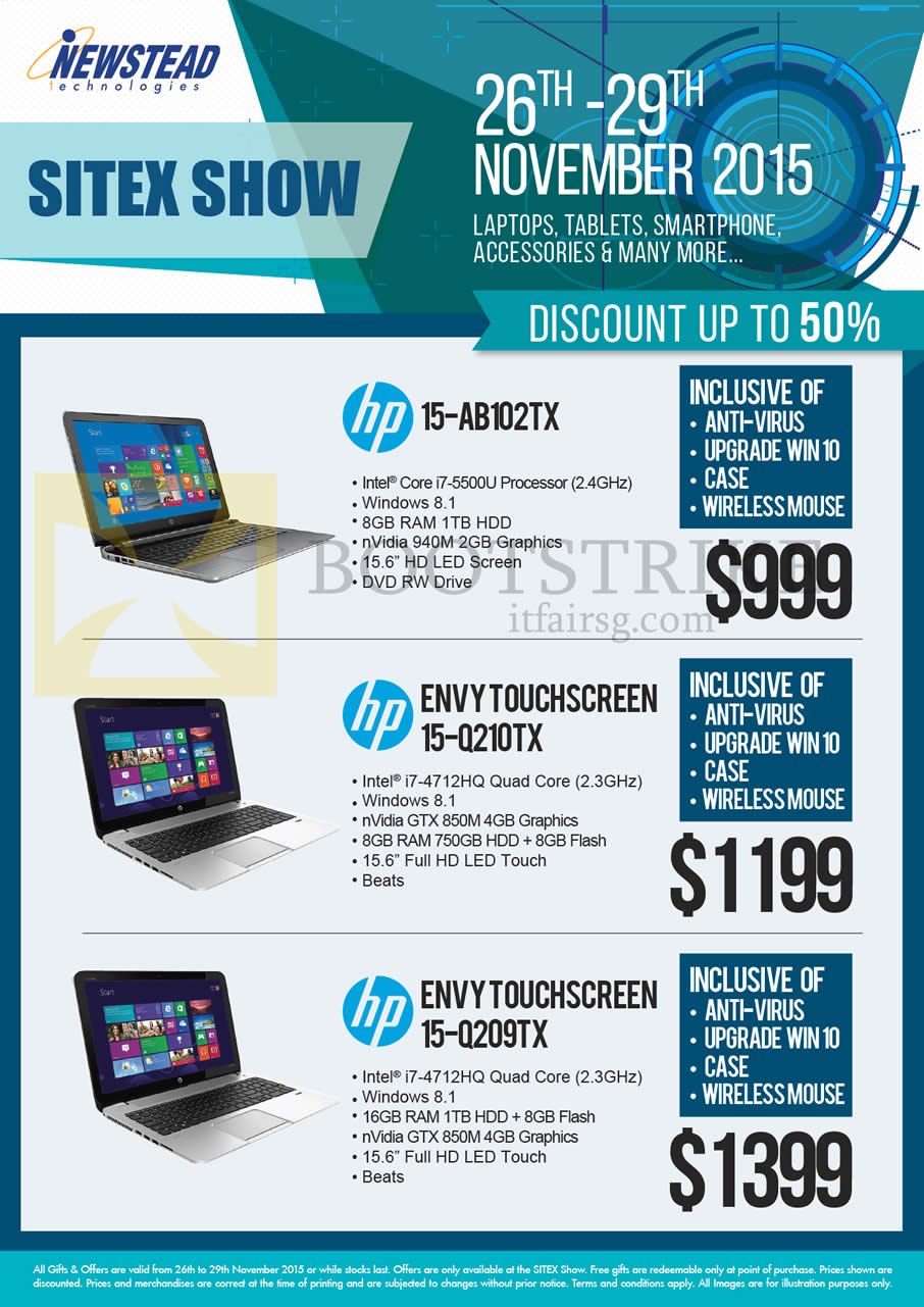 SITEX 2015 price list image brochure of HP Newstead Notebooks 15-AB102TX, Envy Touchscreen 15-Q210TX, 15-Q209TX