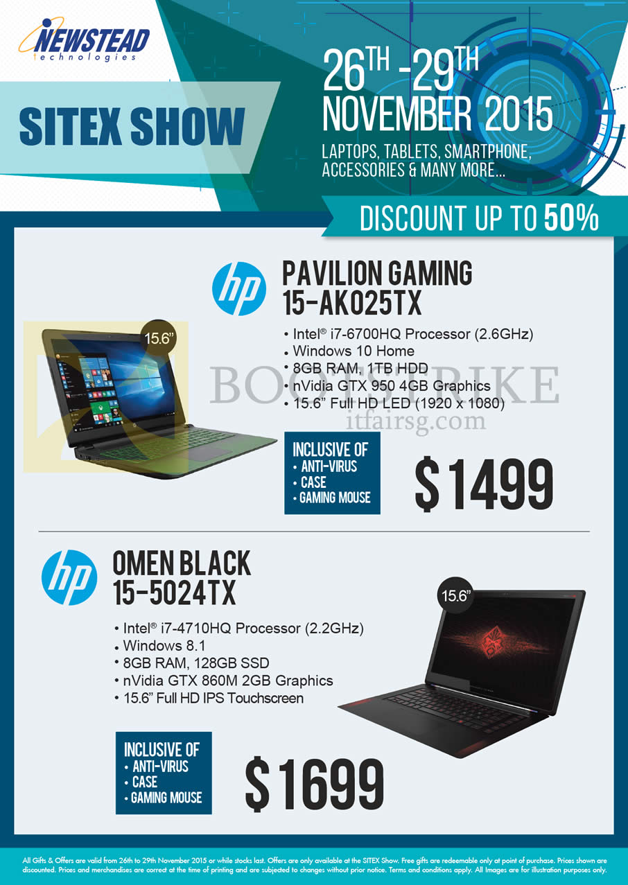 SITEX 2015 price list image brochure of HP Newstead Notebooks Gaming Pavilion 15-AK025TX, Omen Black 15-5024TX