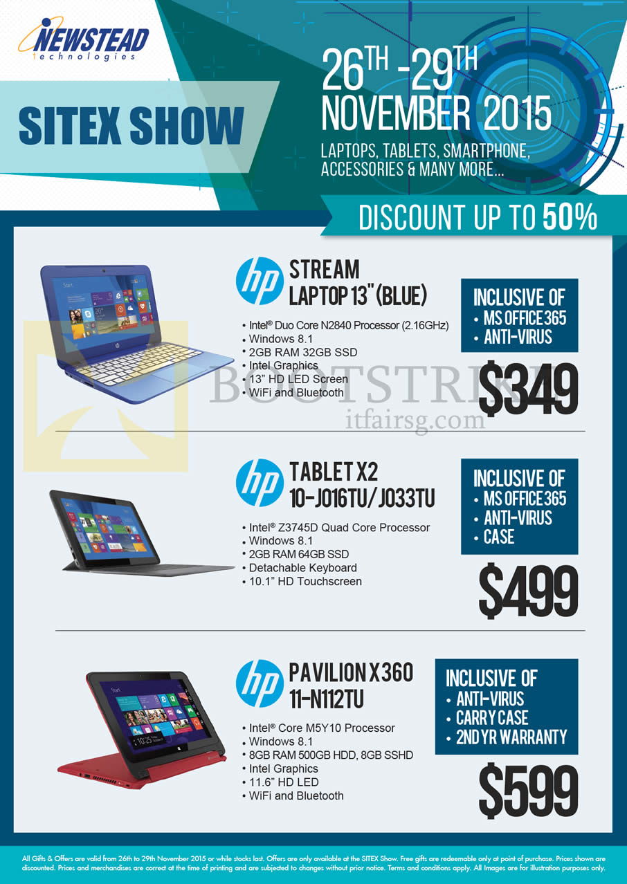 SITEX 2015 price list image brochure of HP Newstead Notebooks Stream, Tablets, X2 10-J016TU, 10-J033TU, Pavilion X360 11-N112TU