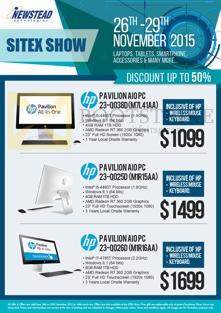 SITEX 2015 price list image brochure of HP Newstead Pavilion AIO Desktop PCs 23-Q038D M7L41AA, 23-00250 M1R15AA, 23-00260 M1R16AA