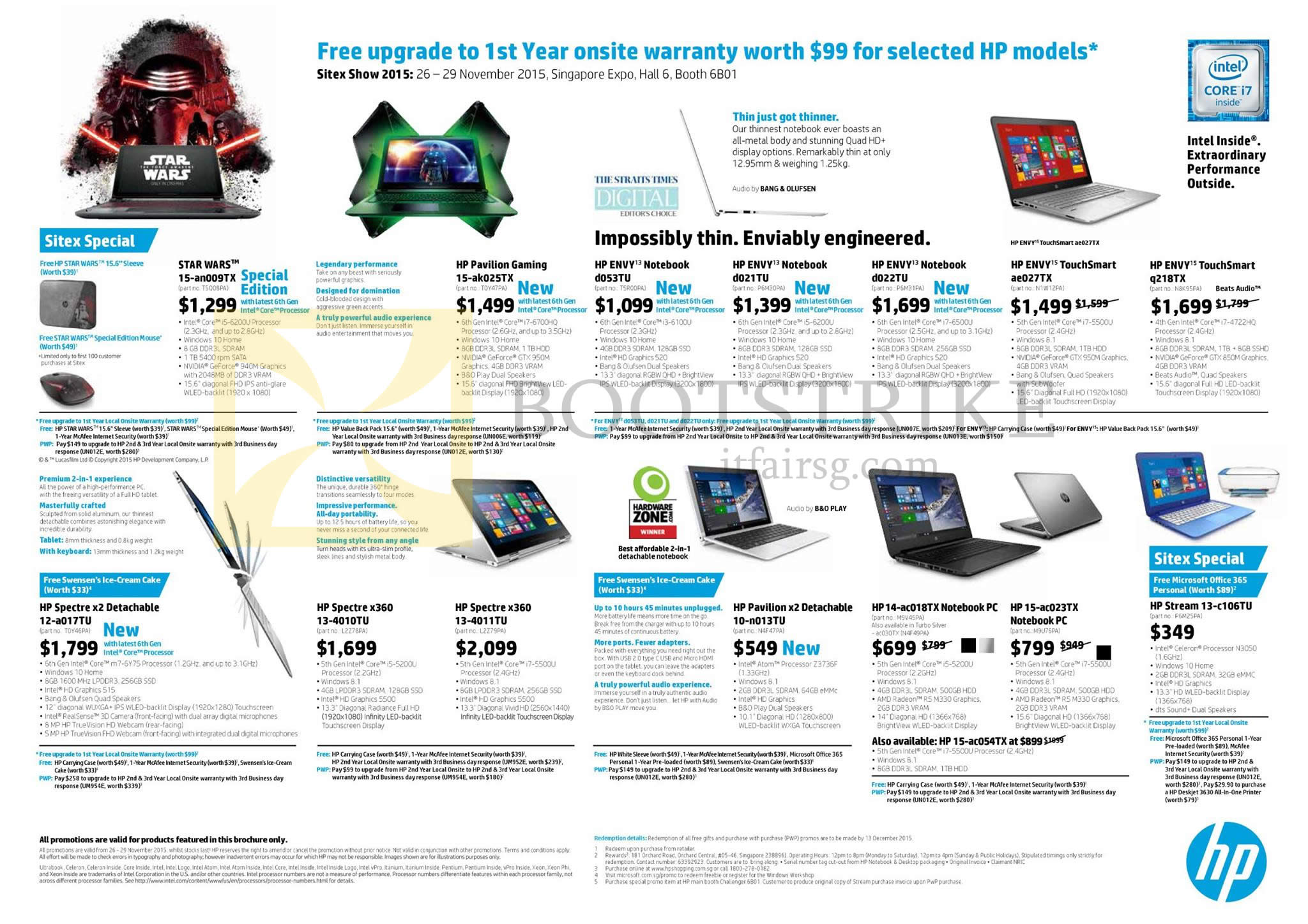 SITEX 2015 price list image brochure of HP Notebooks Star Wars 15-an009TX, Envy 13-d053TU, 13-d021TU, 13-d022TU, Spectre X360 13-4010TU, X2 Detachable 10-n013TU, 15-ac023TX