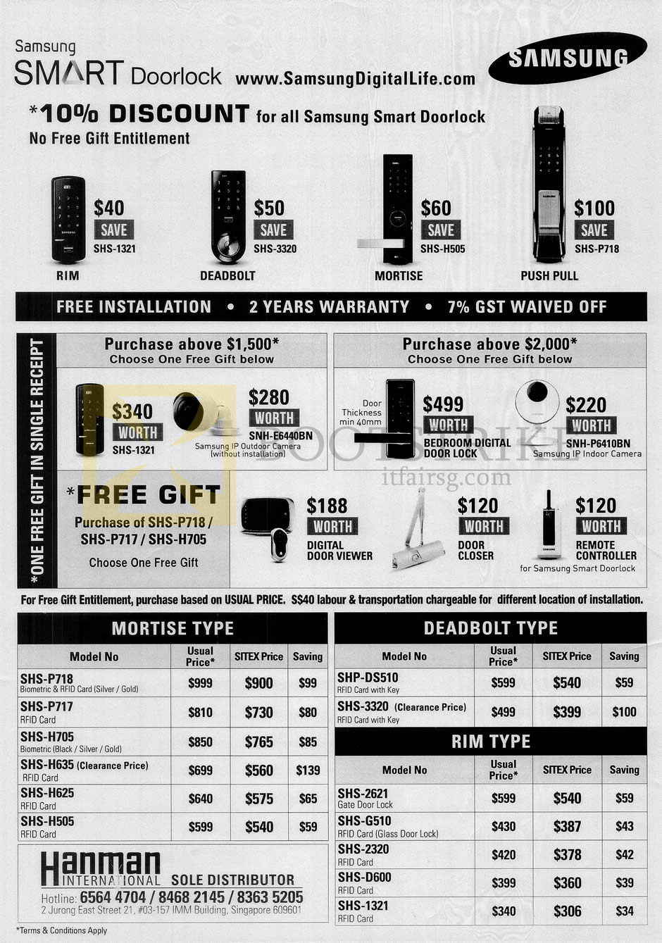 SITEX 2015 price list image brochure of Hanman Samsung Smart Door Locks SHS-1321, SHS-3320, SHS-H505, SHS-P718, SHS-1321, SNH-E6440BN, SNH-P6410BN, Mortise Type, Deadbolt Type, RIM Type