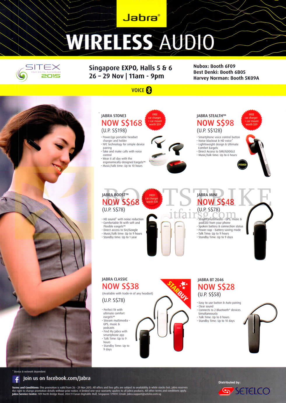 SITEX 2015 price list image brochure of Jabra Bluetooth Headsets Wireless Audio Jabra Stone3, Stealth, Boost, Mini, Classic, BT 2046