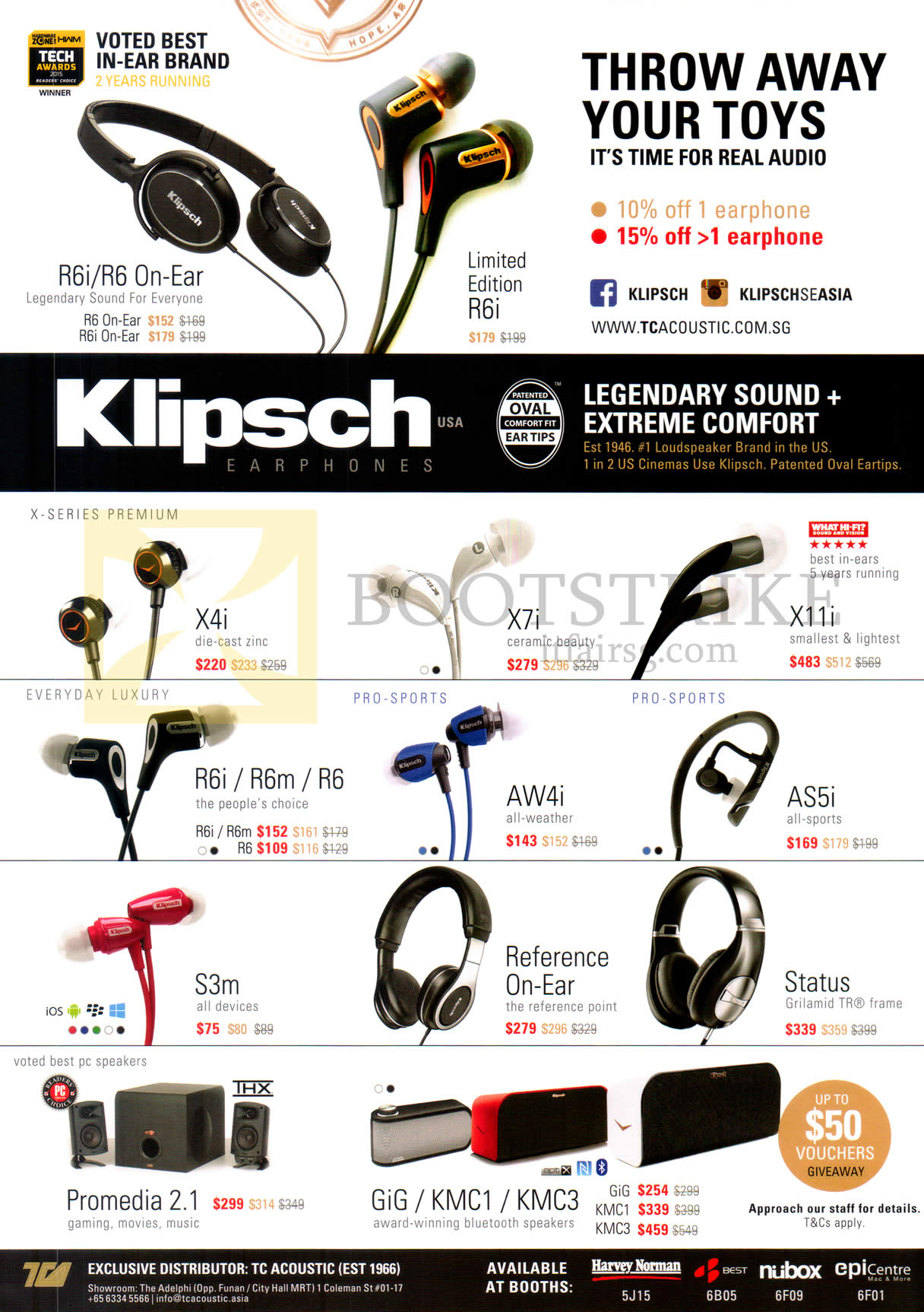 SITEX 2015 price list image brochure of Klipsch Earphones, Headphones, Bluetooth Speakers, R6i, R6 On-Ear, X4i, X7i, X11i, R6i, R6m, R6, AW4i, X11i, AS5i, S3m, Reference-ON-Ear, Status, Promedia 2.1, Gig, KMC1, KMC3