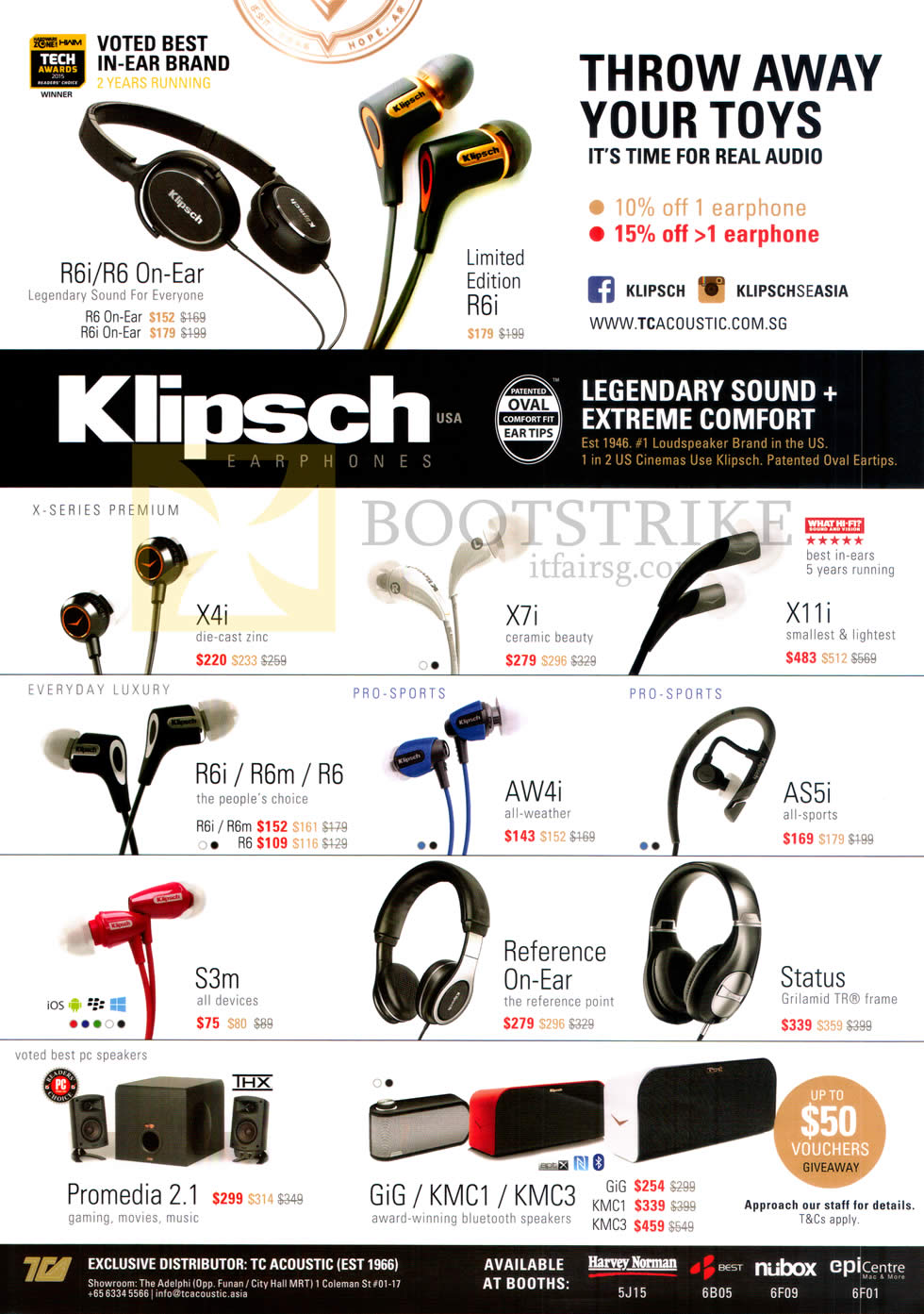 SITEX 2015 price list image brochure of Klipsch Earphones, R6i, R6 On-Ear, Limited Edition R6i, X4i, X7i, X11i, R6i, R6m, R6, S3m, X7i, AW4i, X11i, AS5i, Status, Reference On-Ear, Promedia 2.1, Gig, KMC1, KMC3