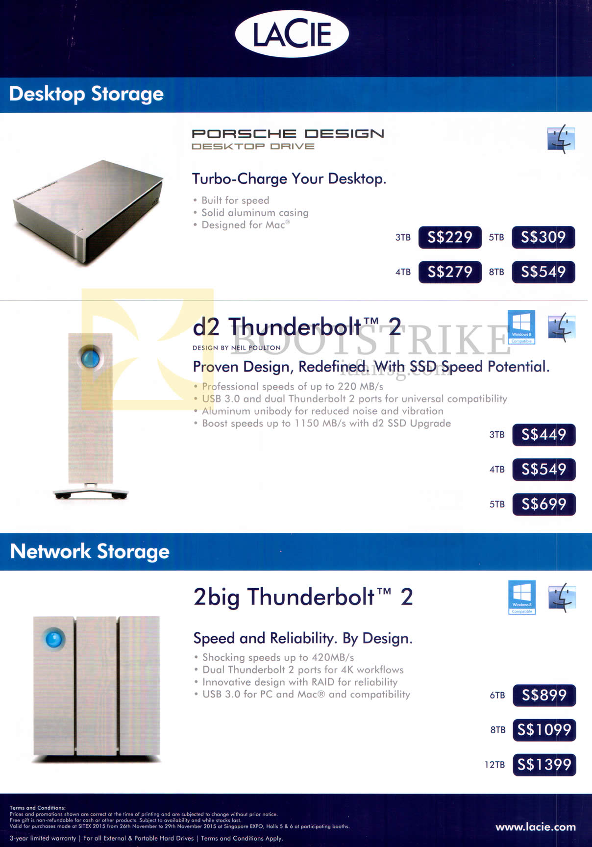 SITEX 2015 price list image brochure of Lacie Desktop Storage Porsche Design Desktop Drive, D2 Thunderbolt 2, 2big Thunderbolt 2