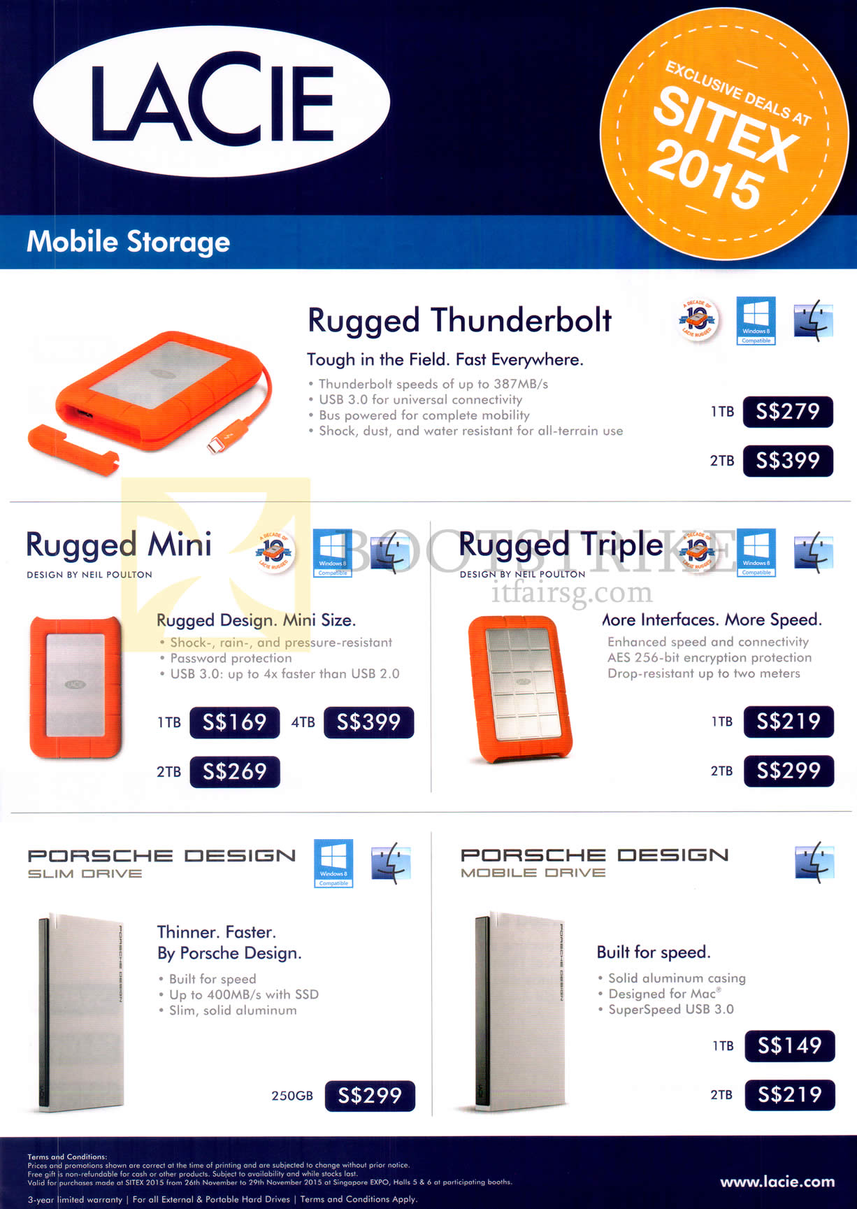 SITEX 2015 price list image brochure of Lacie Mobile Storage Rugged Thunderbolt, Mini, Triple, Porsche Design Slim Drive, Mobile Drive