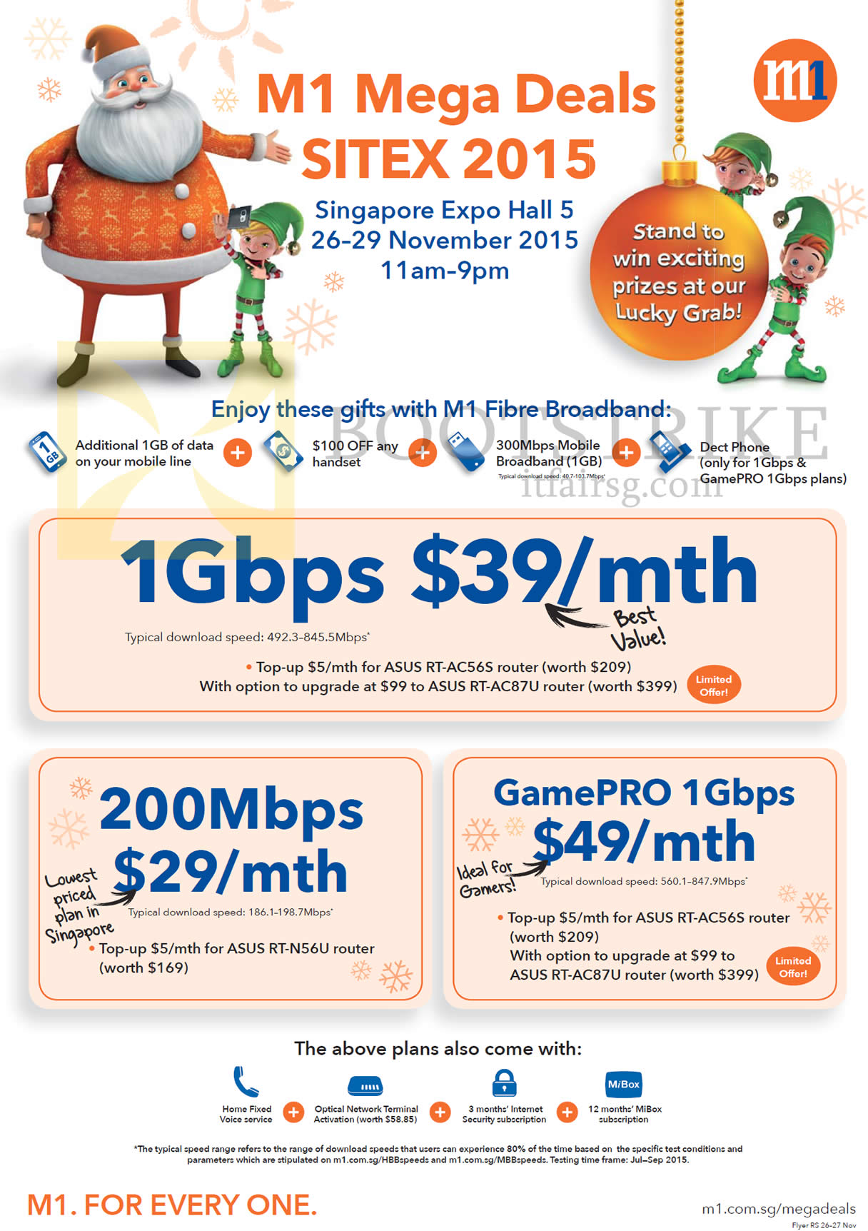 SITEX 2015 price list image brochure of M1 Broadband Fibre 1Gbps 39.00, 200Mbps 29.00, GamePro 1Gbps 49.00