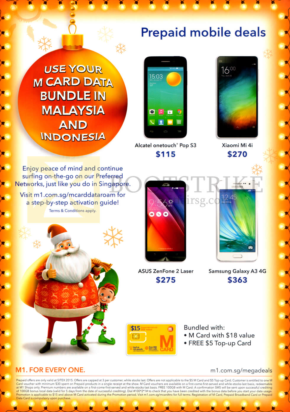 SITEX 2015 price list image brochure of M1 Prepaid Mobile Deals Alcatel Onetouch Pop S3, Xiaomi Mi 4i, Asus Zenfone 2 Laser, Samsung Galaxy A3