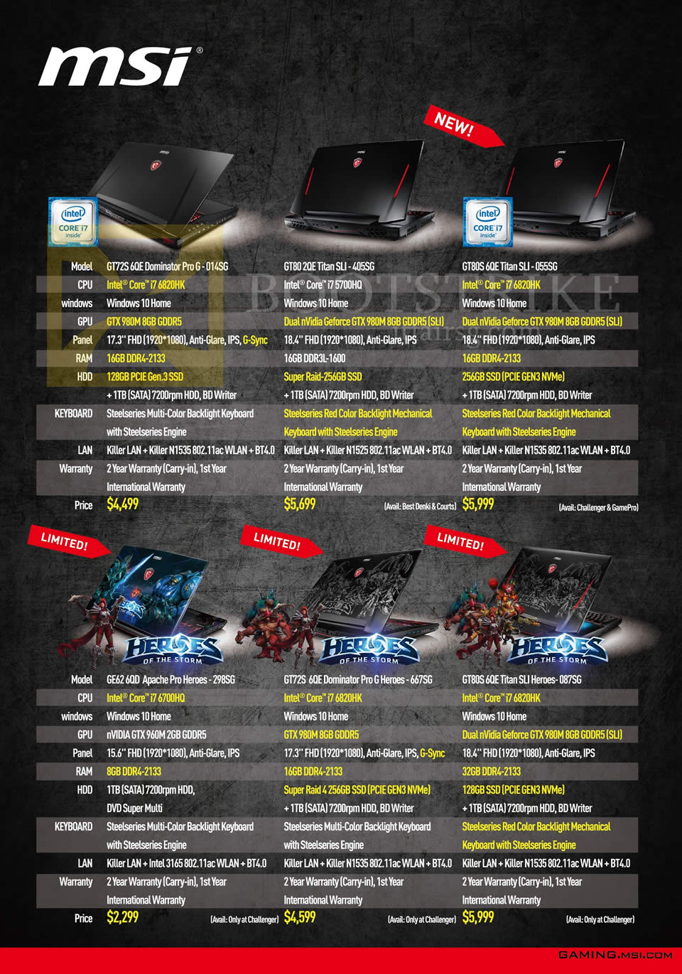 SITEX 2015 price list image brochure of MSI Notebooks GT72S 6QE Dominator Pro G 014SG, GT80 2QE Titan SLI 405SG, GT80S 6QE 055SG, GE62 6QD Apache Pro Heroes 298SG, GT72S Heroes 667SG, GT80S 6QE 087SG