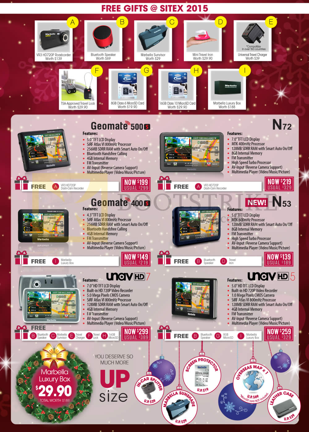 SITEX 2015 price list image brochure of Maka GPS Navigators Geomate 500s, 400s, N72, N53, Unav HD5, HD7, UP Size