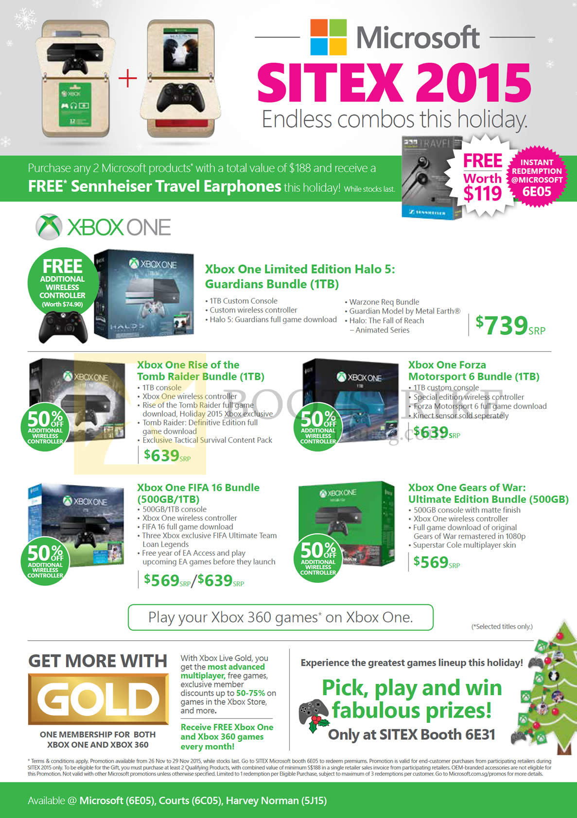 SITEX 2015 price list image brochure of Microsoft Xbox One Gaming Consoles, Halo 5 Bundle, Rise Of The Tomb Raider, Forza Motorspot 6, Fifa 16, Gears Of War Ultimate Edition