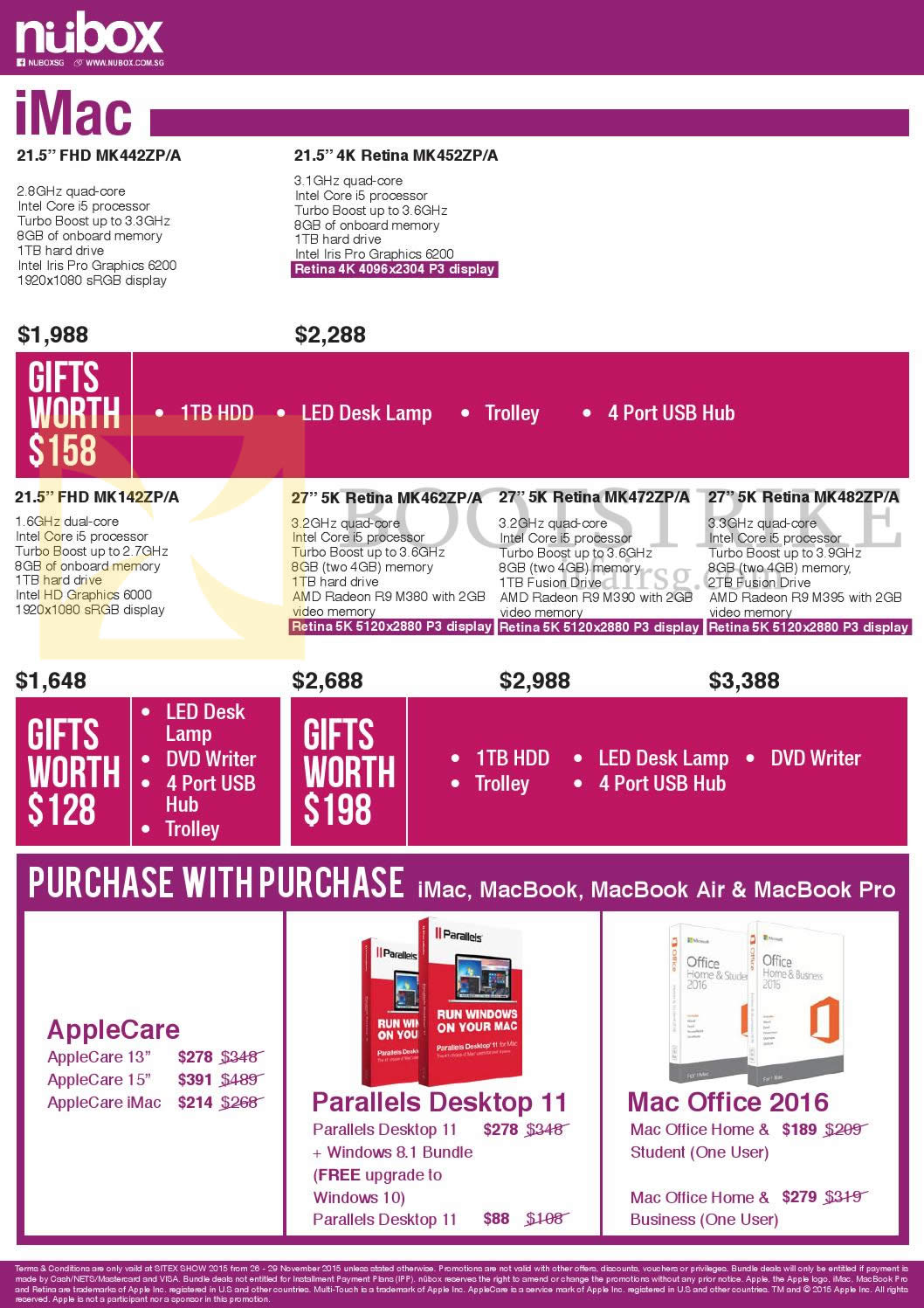 SITEX 2015 price list image brochure of Nubox Apple IMac, Purchase With Purchase Applecare, Parallels Desktop 11, Mac Office 2016