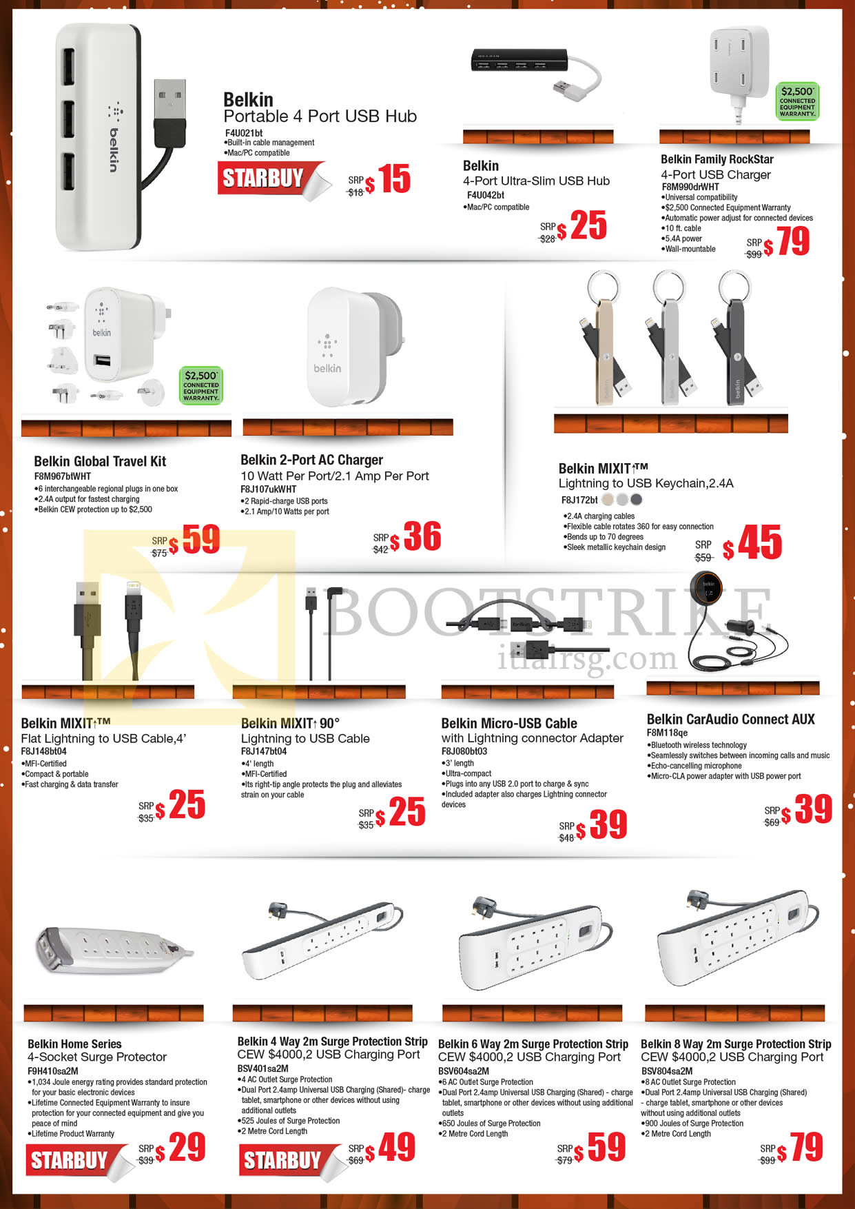 SITEX 2015 price list image brochure of Nubox Belkin USB Hub, RockStar USB Charger, AC Charger, Mixit Lightning To USB Cable, CarAudio Connect AUX, Surge Protection Strip, Home Series Surge Protector