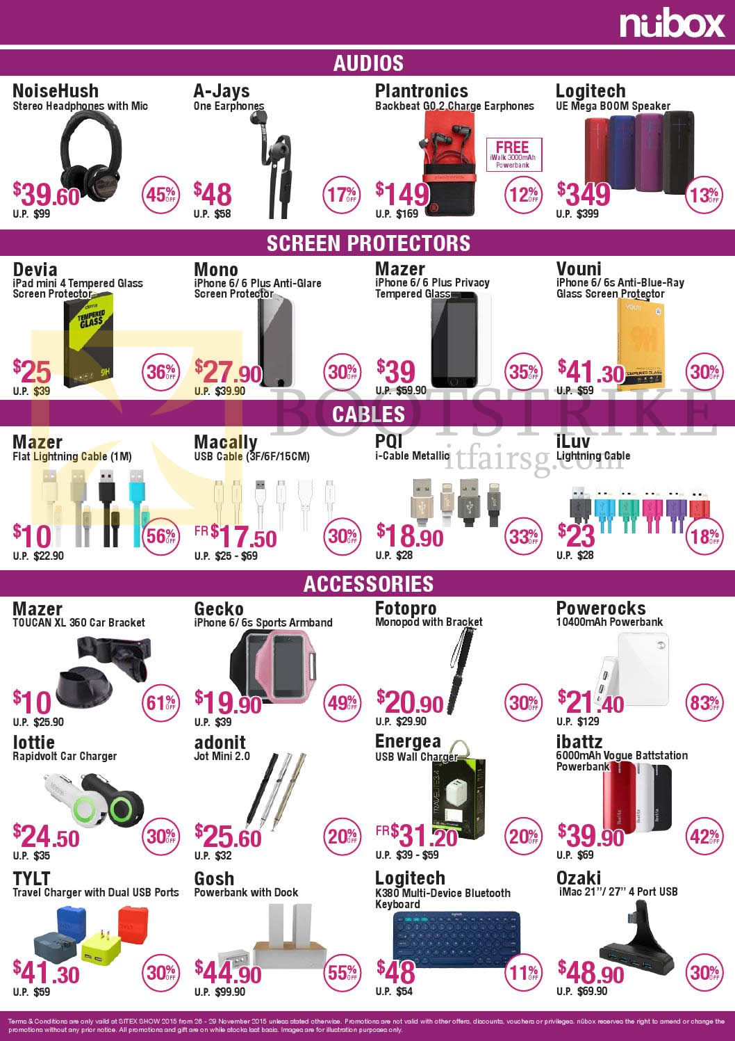 SITEX 2015 price list image brochure of Nubox Earphones, Headphones, Cables, Accessories, NoiseHush, A-Jays, Plantronics, Logitech, Devia, Mono, PQI, ILuv, Fotopro, Powerocks