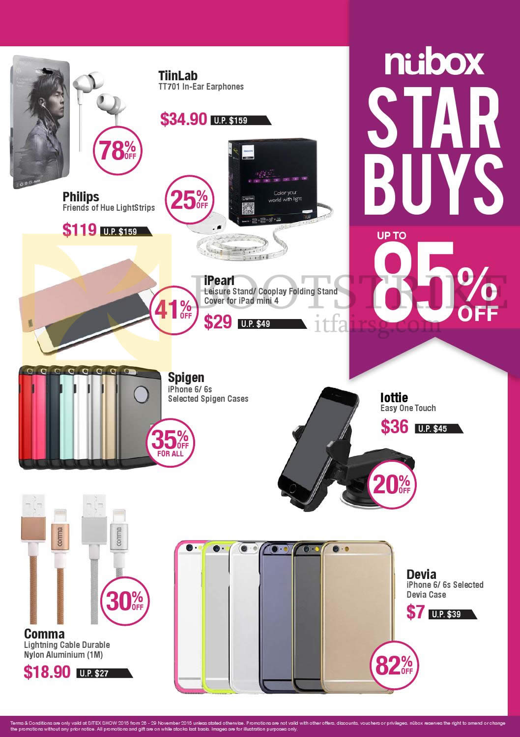 SITEX 2015 price list image brochure of Nubox Star Buys Up To 85 Percent Off Earphones, Cases, Lightning Cable, Easy ONe Touch, TiinLab, Philips, IPearl, Spigen, Lottle, Devia, Comma