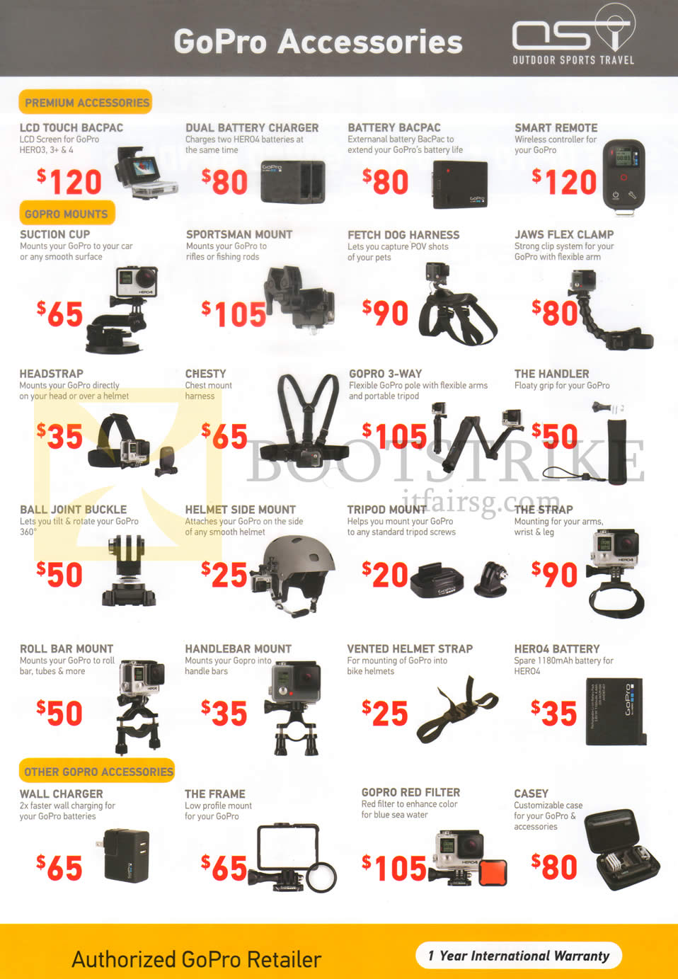 SITEX 2015 price list image brochure of OST GoPro Accessories GoPro Mounts, Premium, Other Gopro Accessories, Bacpac, Remote, Buckle, Frame, Helmet Strap, Battery, Strap, Casey, Filter