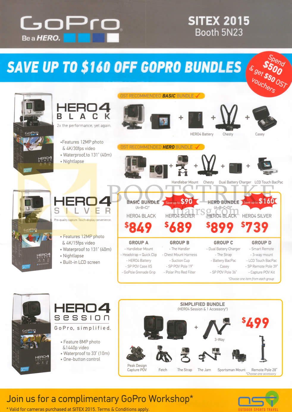 SITEX 2015 price list image brochure of OST GoPro Action Cams Bundles Hero4 Black, Hero4 Silver, Hero4 Session, Simplified Bundles