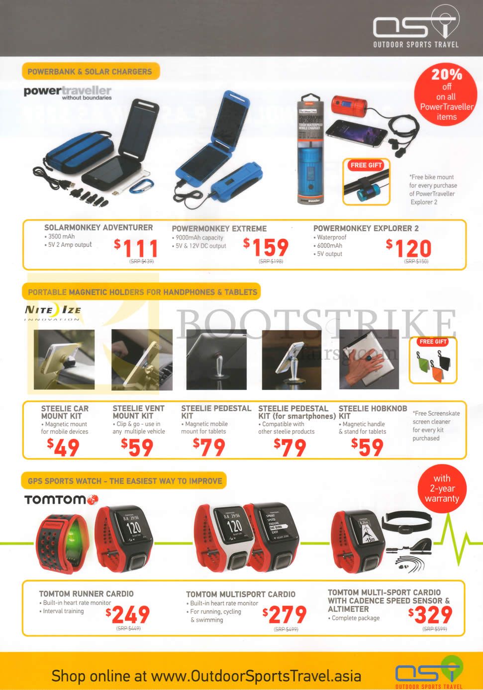 SITEX 2015 price list image brochure of OST Powerbank, Solar Chargers, Holders, GPS Sports Watch, Solarmonkey Adventurer, Steelie Car Mount Kit, Tomtom Runner Cardio, Multisport Cardio, Steelie Pedestal Kit, Powermonkey Explorer 2