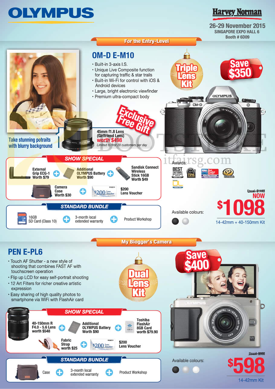 SITEX 2015 price list image brochure of Olympus Digital Cameras OM-D E-M10, Pen E-PL6