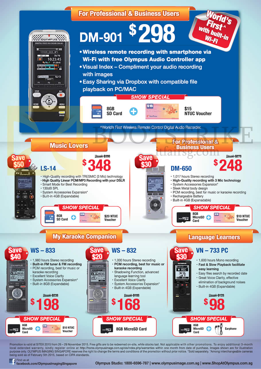 SITEX 2015 price list image brochure of Olympus Voice Recorders DM-901, LS-14, DM-650, WS-833, WS-832, VN-733PC