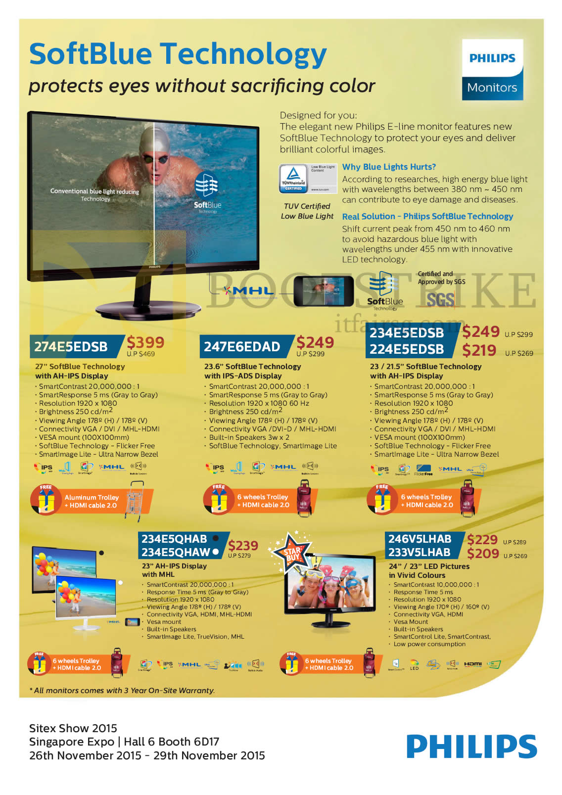 SITEX 2015 price list image brochure of Philips Monitors 274E5EDSB, 247E6EDAD, 234E5EDSB, 24E5EDSB, 234E5QHAB, 234E5QHAW, 246V5LHAB, 233V5LHAB