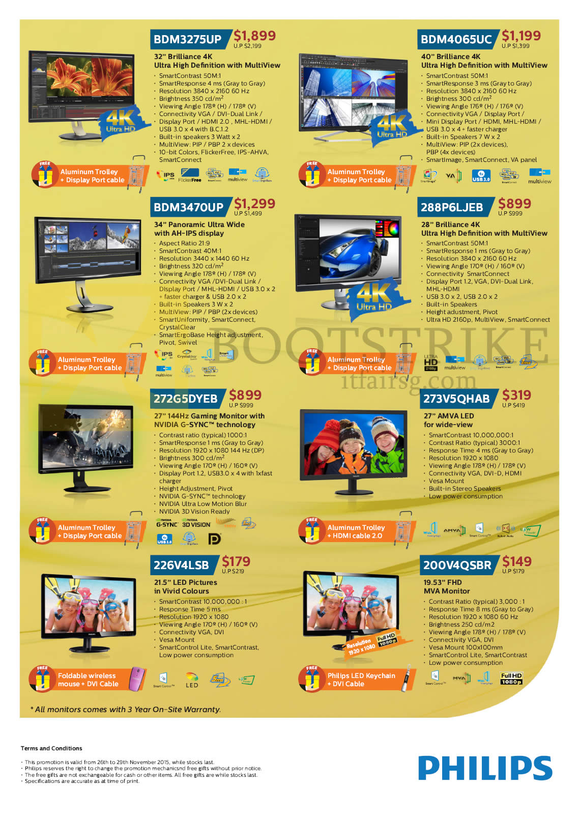 SITEX 2015 price list image brochure of Philips Monitors LED IPS 4K BDM3275UP, BDM4065UC, BDM3470UP, 288P6LJEB, 272G5DYEB, 273V5QHAB, 226V4LSB, 200V4QSBR