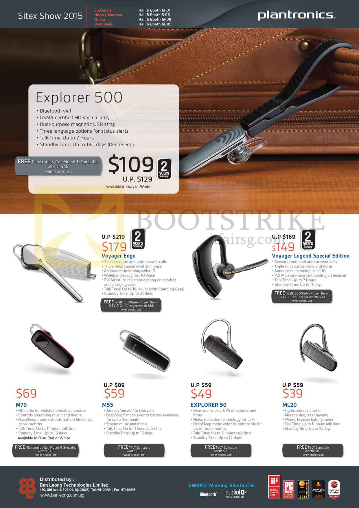 SITEX 2015 price list image brochure of Plantronics Bluetooth Headsets Explorer 500, Voyager Edge, Legend Special Edition, M70, M55, 50, ML20