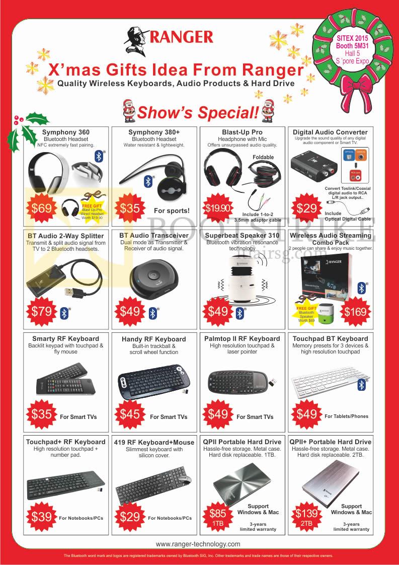 SITEX 2015 price list image brochure of Ranger Accessories Headphones, Transceiver, Speaker, Keyboards, Hard Disk Drive, Symphone 360, 380 Plus, Superbeat 310, Smarty RF, Handy RF, Palmtop II RF, 419 RF, QP II